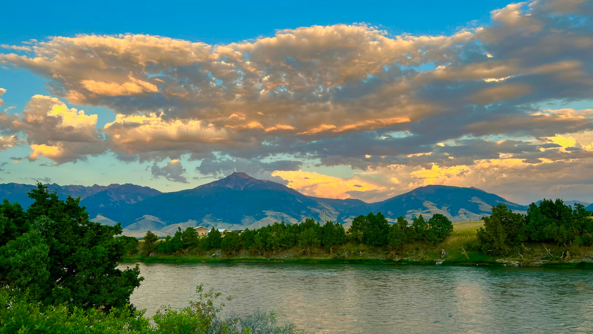 Montana river valley at sunset near Columbia Falls